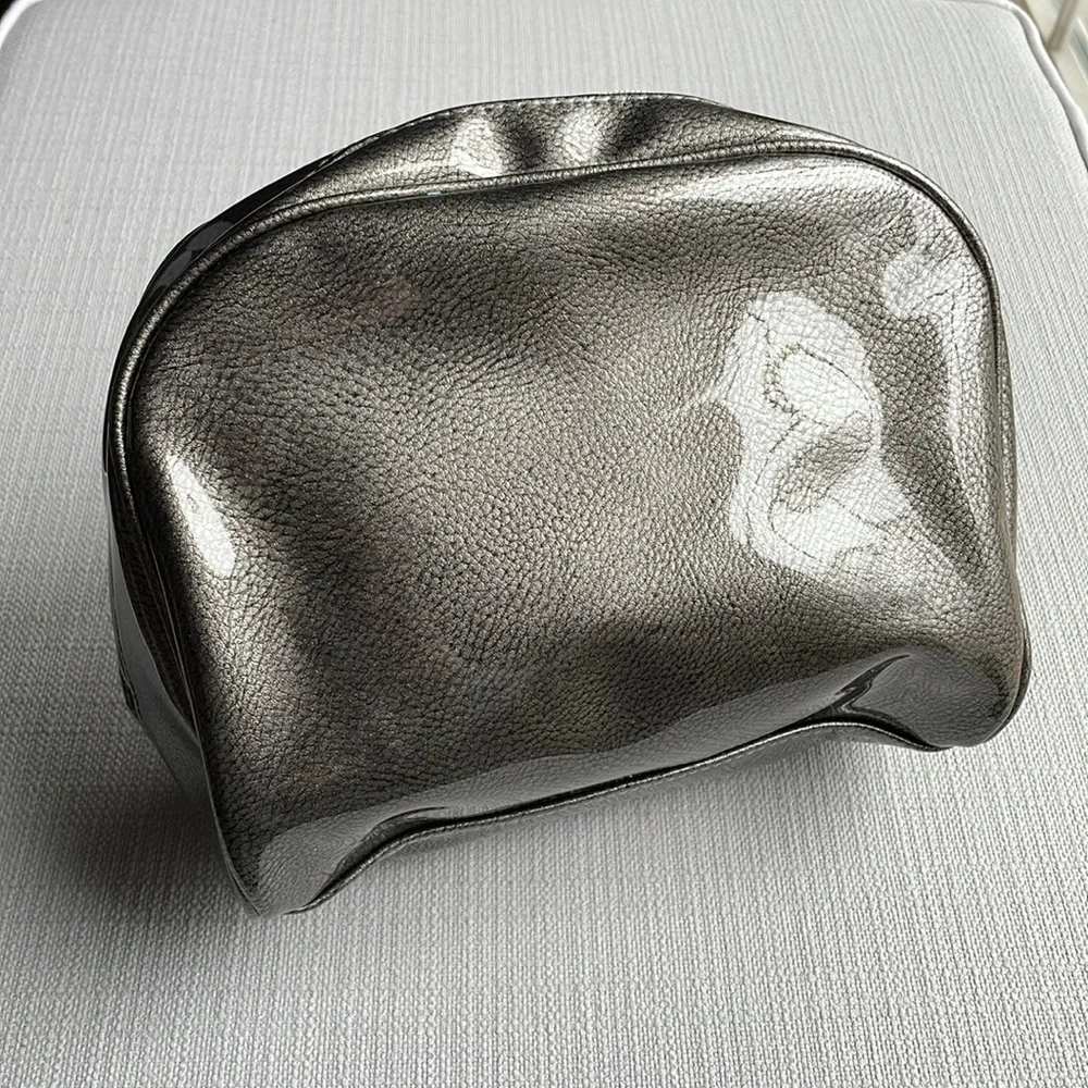 Lancome large gray silver metallic glossy cosmetics pouch